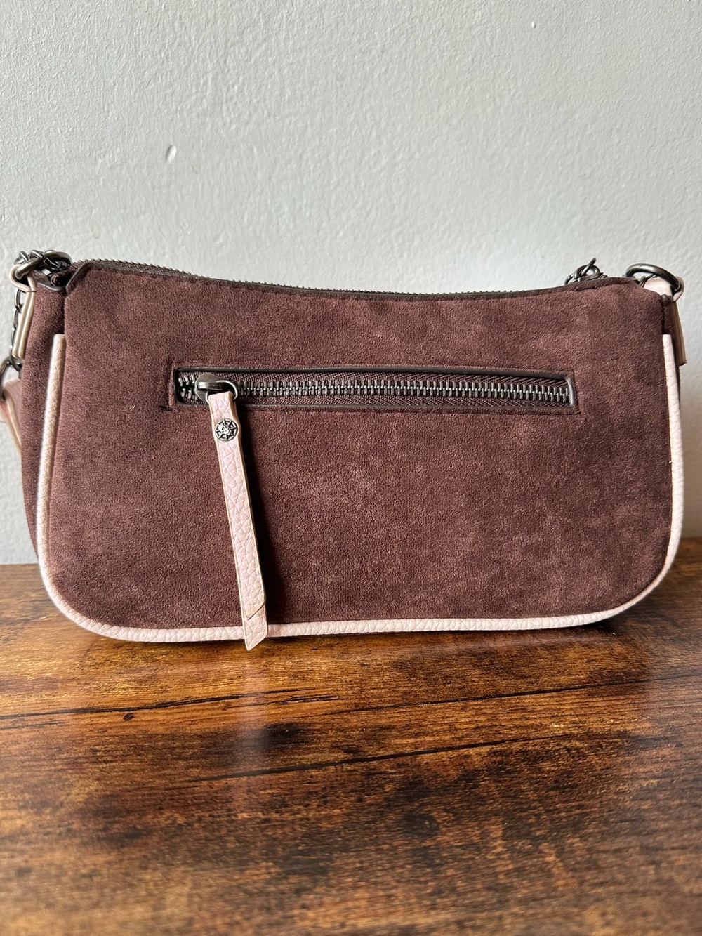 Ed Hardy Brown Suede-Like Shoulder Bag or Crossbody Bag w/ Pink Trim & Skull NWT - Picture 6 of 7